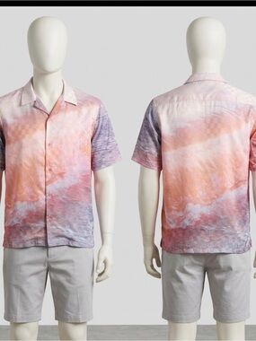 Blue Sky Inn Abstract Print Camp Collar Resort Shirt Men’s XXL Pink Purple